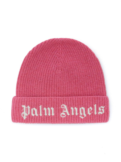 Palm Angels Logo-embroidered Ribbed-knit Beanie In Pink