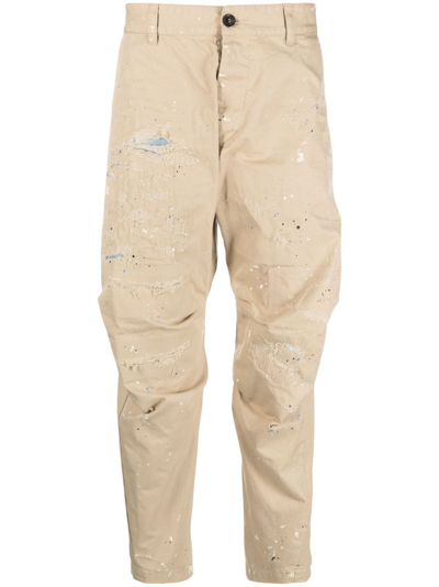 Shop Dsquared2 Distressed-effect Cotton Cropped Trousers In Neutrals