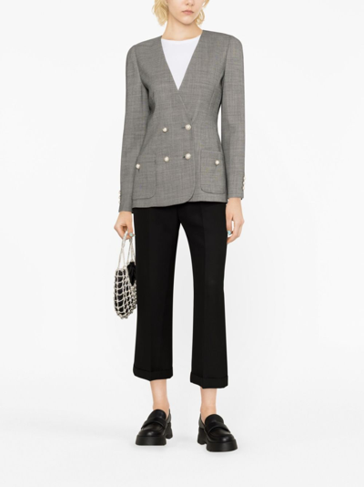 Shop Alessandra Rich Collarless Double-breasted Virgin-wool Blazer In Grey