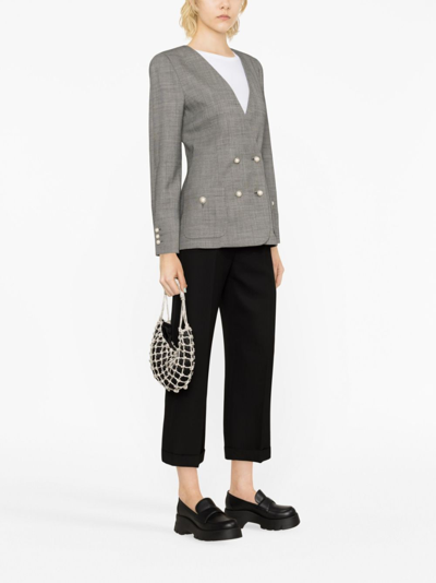 Shop Alessandra Rich Collarless Double-breasted Virgin-wool Blazer In Grey