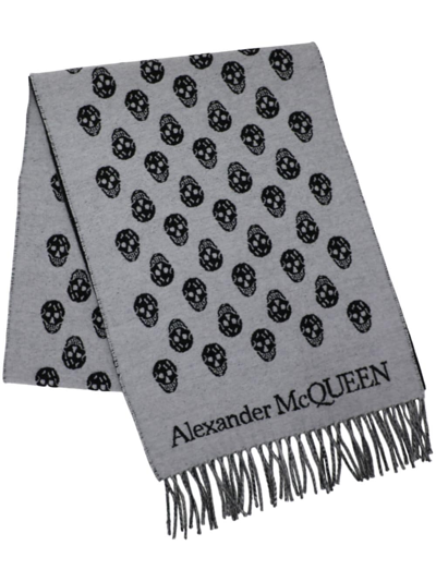 Shop Alexander Mcqueen Skull-intarsia Wool Scarf In Grey