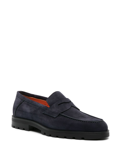 Shop Santoni Almond-toe Penny Loafers In Blue