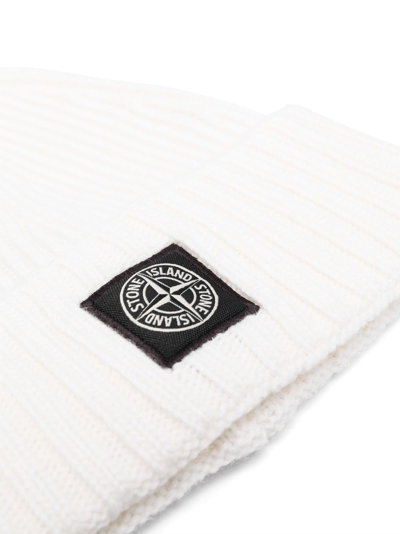 Shop Stone Island Junior Compass-motif Knit Beanie In White