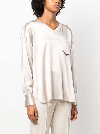Brunello Cucinelli Monili Bead-embellished Silk-blend Blouse In Neutrals