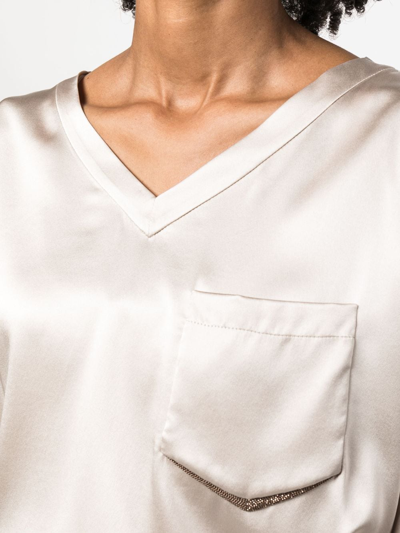 Brunello Cucinelli Monili Bead-embellished Silk-blend Blouse In Neutrals