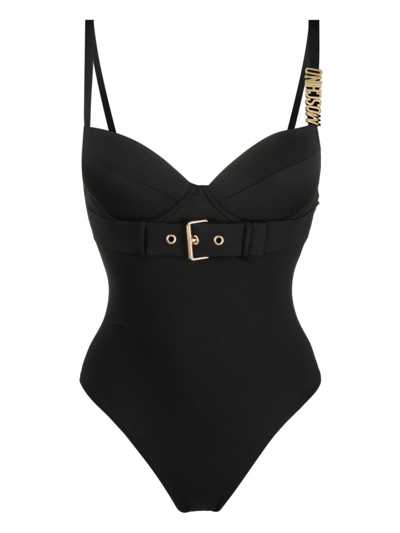 Shop Moschino Logo-plaque Belted Swimsuit In Black