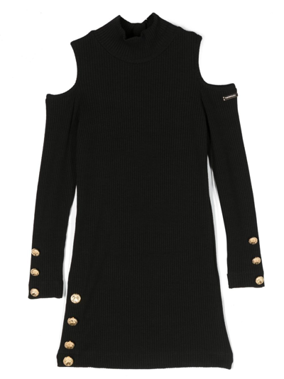 Shop Monnalisa Long-sleeve Ribbed Minidress In Black