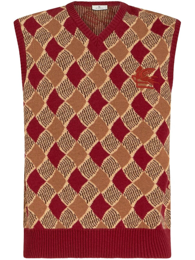 Shop Etro Logo-embroidered Sleeveless Wool Vest In Red