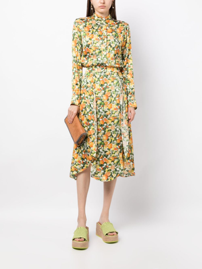 Shop Stella Mccartney Fruit-print Midi Silk Skirt In Green