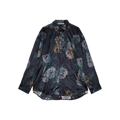 Shop Acne Studios Floral-print Crinkled Satin Shirt In Navy