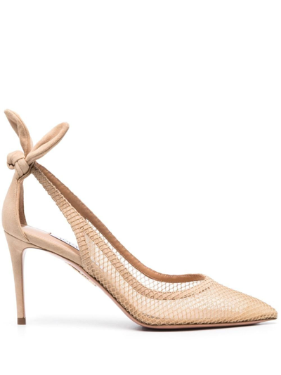 Shop Aquazzura Beige 85 Bow Tie Pumps - Women's - Calf Leather/fabric/polyurethane/calf Leatherpolyurethane In Neutrals