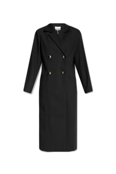 Shop Ganni Double Breasted Pinstripe Coat In Black