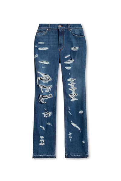Shop Dolce & Gabbana Logo Plaque Distressed Jeans In Blue