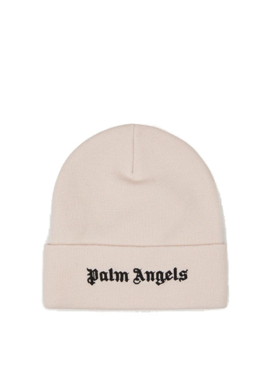 Shop Palm Angels Logo Embroidered Knit Beanie In Beige