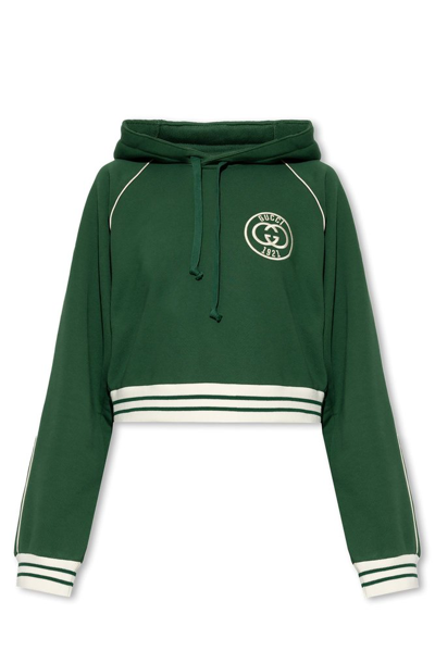Shop Gucci Logo Embroidered Drawstring Hoodie In Green