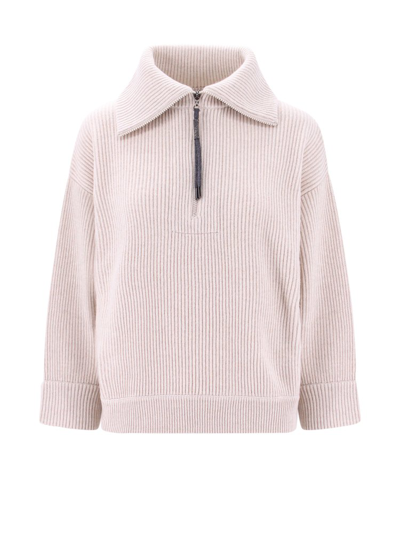 Shop Brunello Cucinelli Half Zip Knit Sweater In White