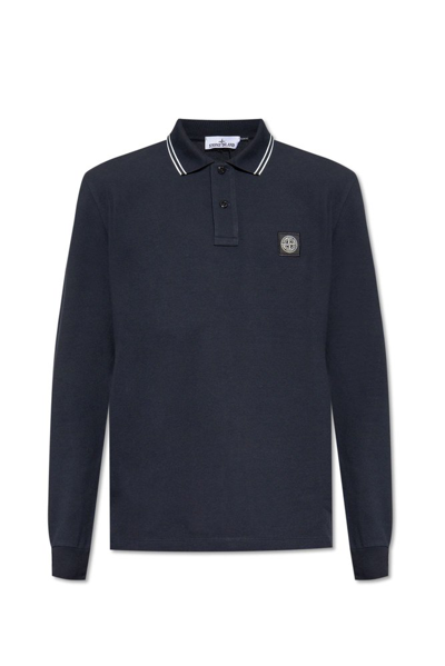 Shop Stone Island Logo Patch Ribbed Polo Shirt In Navy