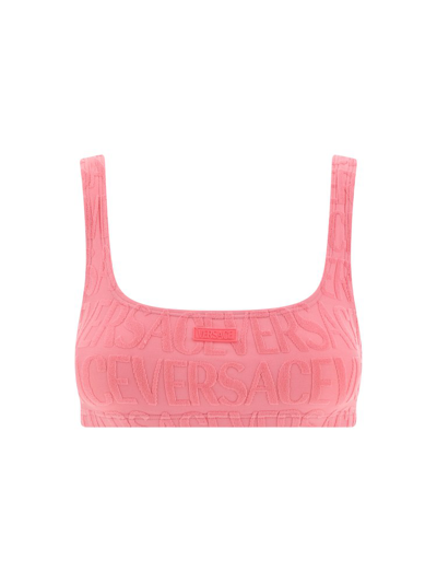 Shop Versace X Dua Lipa Logo Patch Bikini Top In Pink