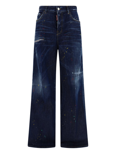 Shop Dsquared2 Paint Splatter Printed Wide Leg Jeans In Blue