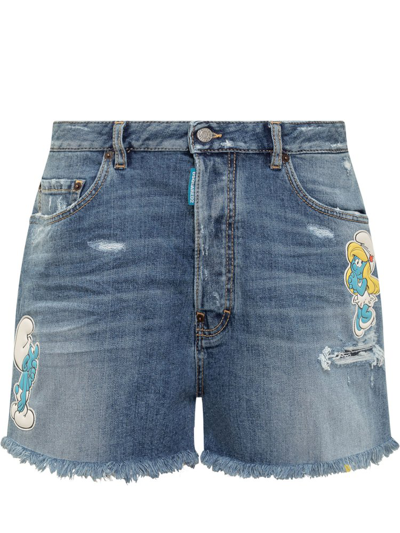 Shop Dsquared2 X Smurfs Patch Detailed Denim Shorts In Blue