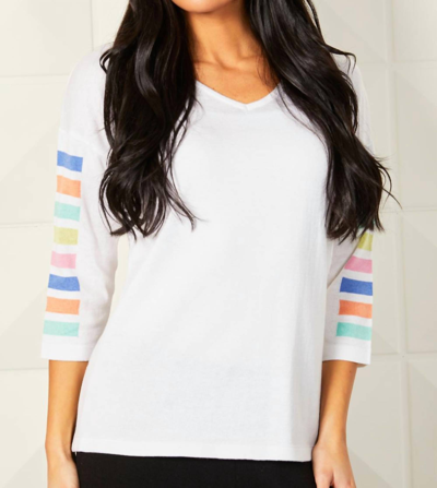 Shop Angel 3/4 Sleeve Stripe V Neck Top In White Combo