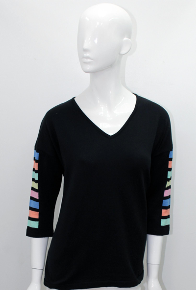 Angel 3/4 Sleeve Stripe V Neck Top In White Combo In White
