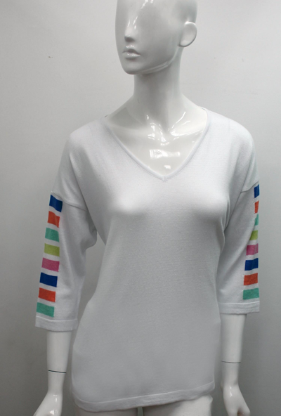 Shop Angel 3/4 Sleeve Stripe V Neck Top In White Combo