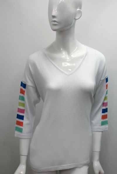 Angel 3/4 Sleeve Stripe V Neck Top In White Combo In White