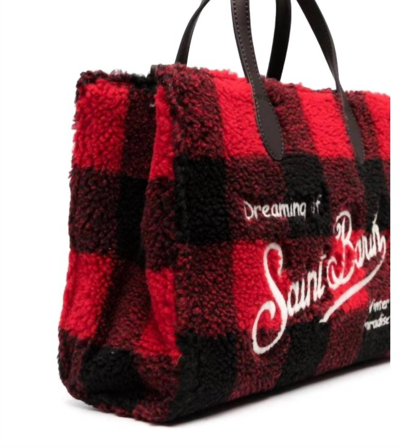 Shop Mc2 Saint Barth Check Wool Leather Tote Handbag In Red Black