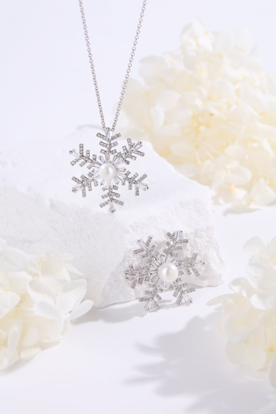 Classicharms Pave And Freshwater Pearl Snowflake Multi Way Brooch Pendant In Silver