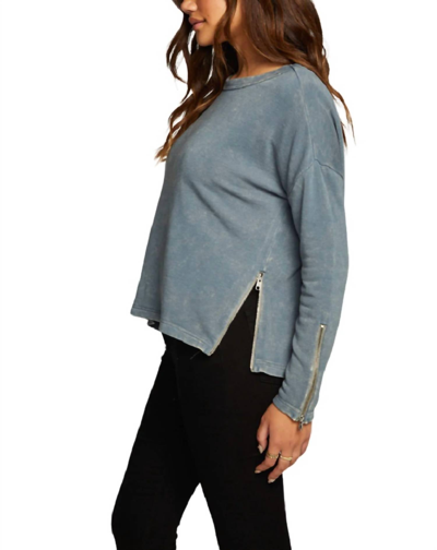 Chaser Slub French Terry Long Sleeve Open Neck Pullover With Zippers In Denim Mineral Wash In Multi