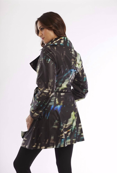Angel Midnight Belted Collared Rain Jacket In Black Multi