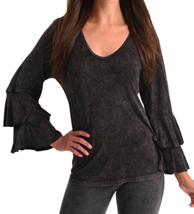 Angel Stone Wash Bell Sleeve Top In Charcoal In Pink