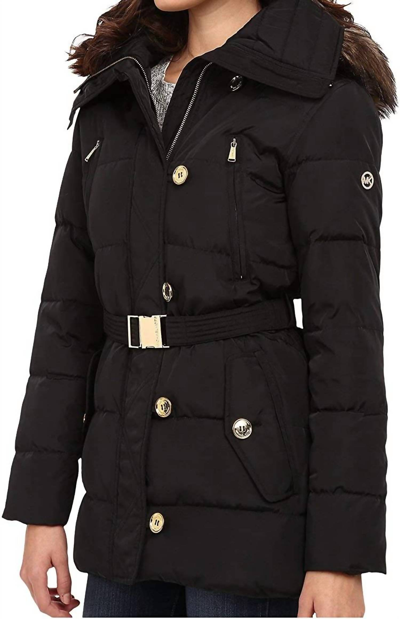 Shop Michael Kors Fur Trim Hooded Down Coat In Black