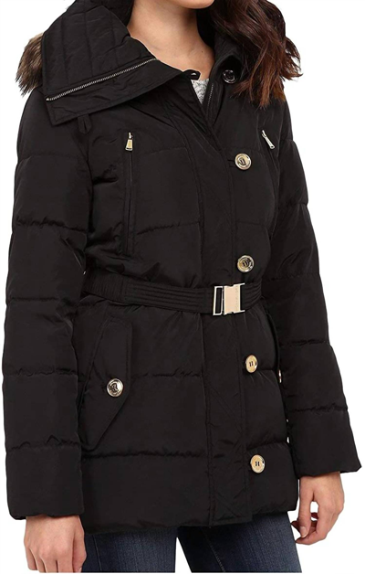 Shop Michael Kors Fur Trim Hooded Down Coat In Black