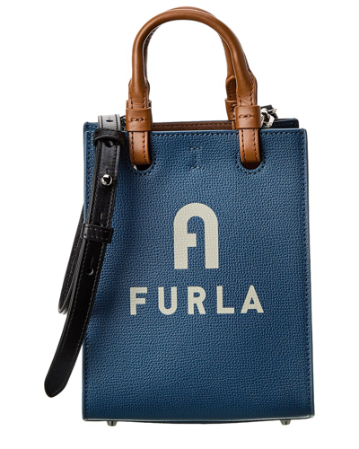Shop Furla Varsity Style Mini N/s Leather Tote In Blue