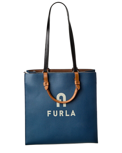 Shop Furla Varsity Style Large N/s Leather Tote In Blue