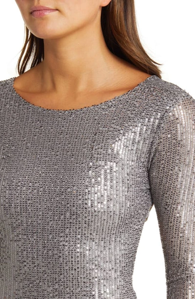 Shop Bebe Sequin Open Back Long Sleeve Minidress In Metallic Charcoal
