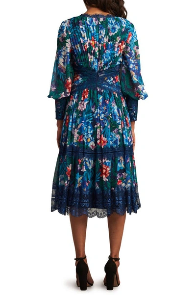 Shop Tadashi Shoji Floral Print Lace Pleat Long Sleeve Midi Dress In Blue/ Floral