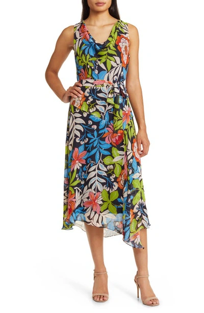 Donna Ricco Floral Print Tie Waist Midi Dress In Navy Multi | ModeSens