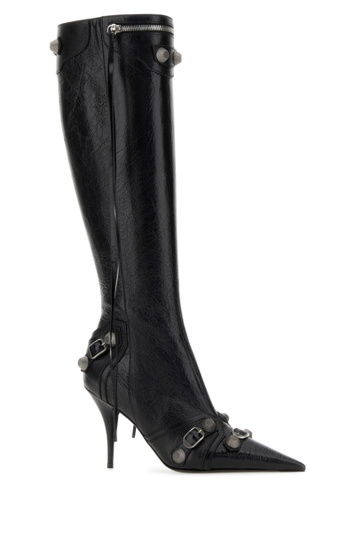 Balenciaga Cagole White Pointed High-boots With Studs And Buckles In Leather Woman In Black