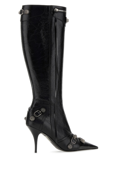 Balenciaga Cagole White Pointed High-boots With Studs And Buckles In Leather Woman In Black