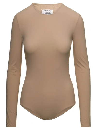 Shop Maison Margiela Beige Fitted Long Sleeves Bodysuit In Polyamide Blend Woman