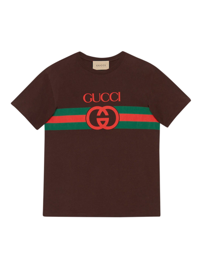 Shop Gucci Cotton T-shirt With Gg Crossover In Brown