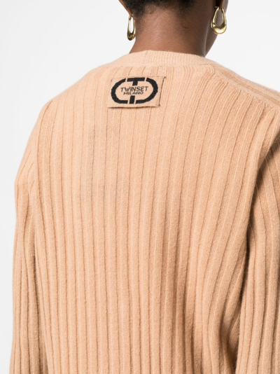 Twinset Longline Ribbed Cardigan In Neutrals