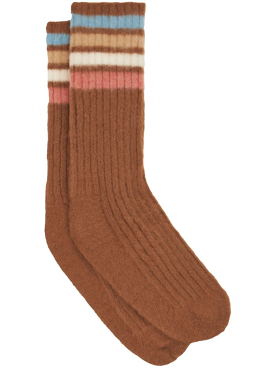 Shop Etro Striped Colour-block Wool-blend Socks In Brown