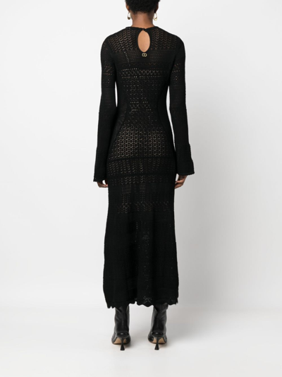 Shop Twinset Pointelle-knit Long-sleeve Midi Dress In Black