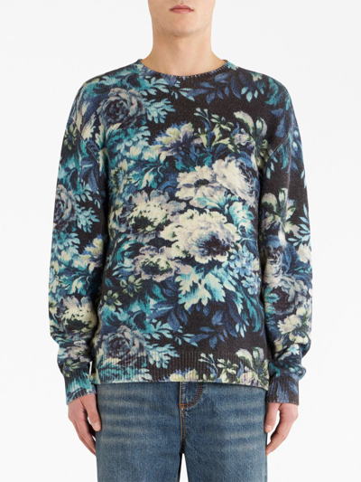 Shop Etro Floral-print Virgin Wool Jumper In Blue