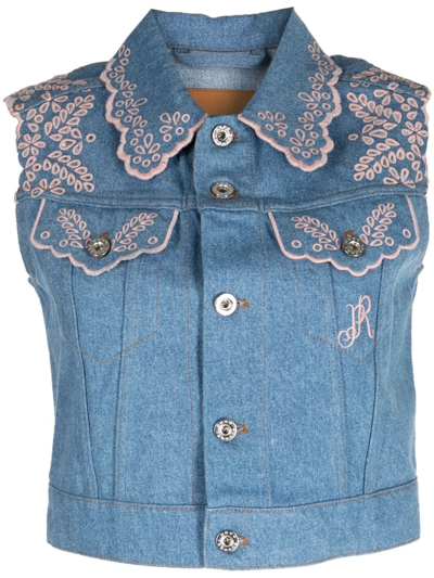 Shop Rabanne Embroidered Denim Cropped Vest In Blue