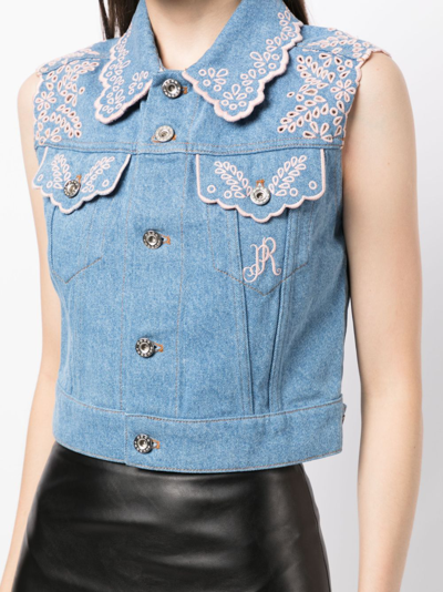 Shop Rabanne Embroidered Denim Cropped Vest In Blue